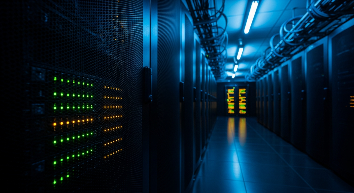 AI_IMAGE: Dark server room interior viewed from between two rows of tall black server racks with blinking green and amber LED status lights in neat rows, cool blue ambient lighting from above, cables neatly bundled running along cable trays, polished dark floor reflecting the LED lights, moody and industrial atmosphere with shallow depth of field focusing on the nearest rack panel | photorealistic | landscape